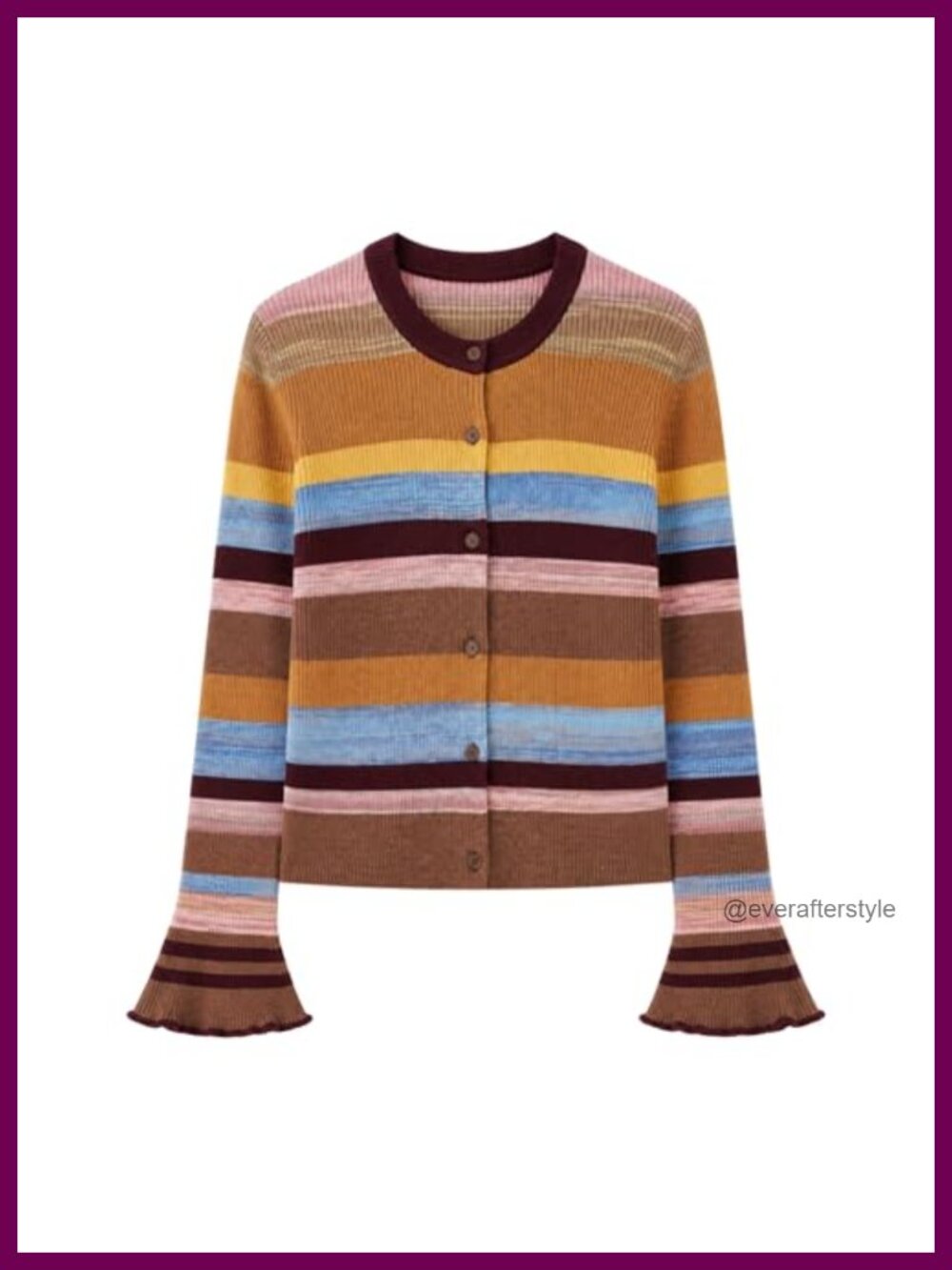 Striped Knit Cardigan Button Down Ribbed Flare Sleeve Lightweight Sweater